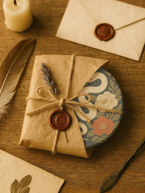 Round ceramic coaster with a chinoiserie-inspired design featuring a white snake among golden peonies, butterflies, and a glowing moon on a dark green background. Surrounded by floral and botanical accents with a soft vintage aesthetic. The coaster has a cork back and measures about 4 inches in diameter. Ideal for mugs, teacups, or wine glasses, this decorative piece suits witchy, victorian, and chinoiserie-inspired decor.